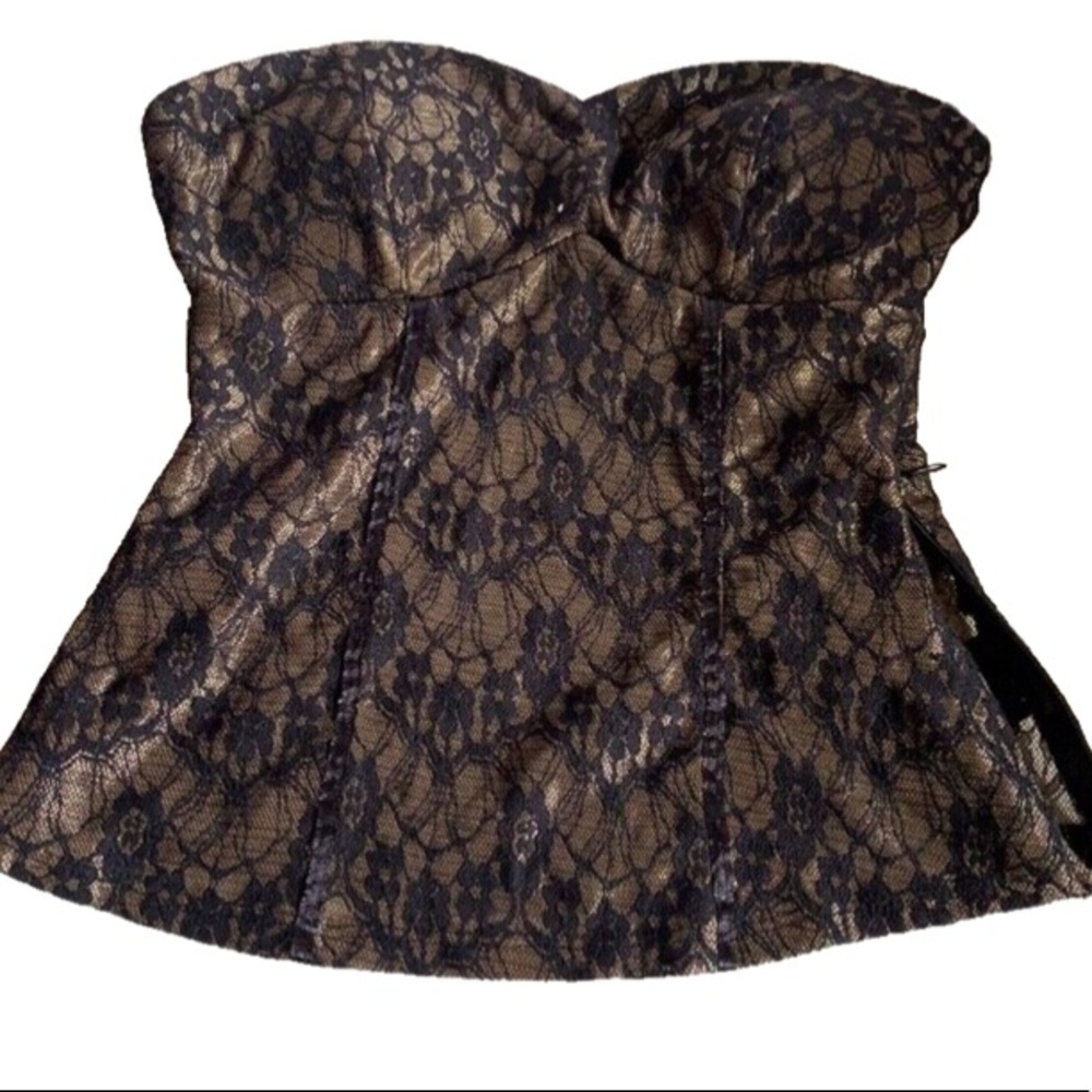 Y2K 2B BEBE BLACK LACE TAN GOLD OVERLAY BUSTIER LINED SZ XS LENGTH 14”